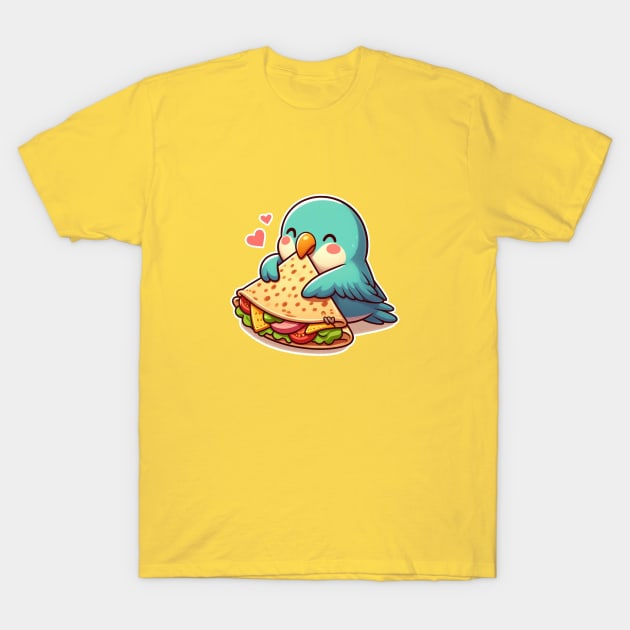 cute love birds are eating Mexican specialties, Tacos, Burritos, Enchiladas, Quesadillas, Guacamole, Fajitas, Chiles Rellenos, Tamales, Mole, Chilaquiles, T-Shirt by art poo